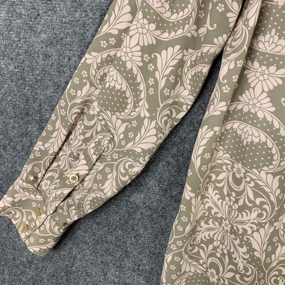 New York & Co Button Up M Top Olive & Pink Pattern Long Sl Pleated Back Career - Picture 7 of 9